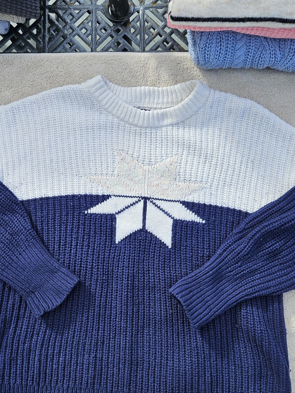 Men's Two-Tone Navy and White Knit Sweater with Star Motif